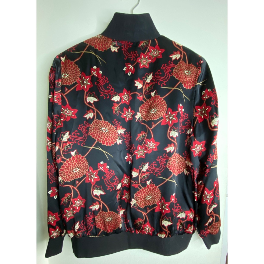 Notations Silk Bomber Jacket Womens Large Black Red Floral Chrysanthemum Zip Up - Picture 2 of 7
